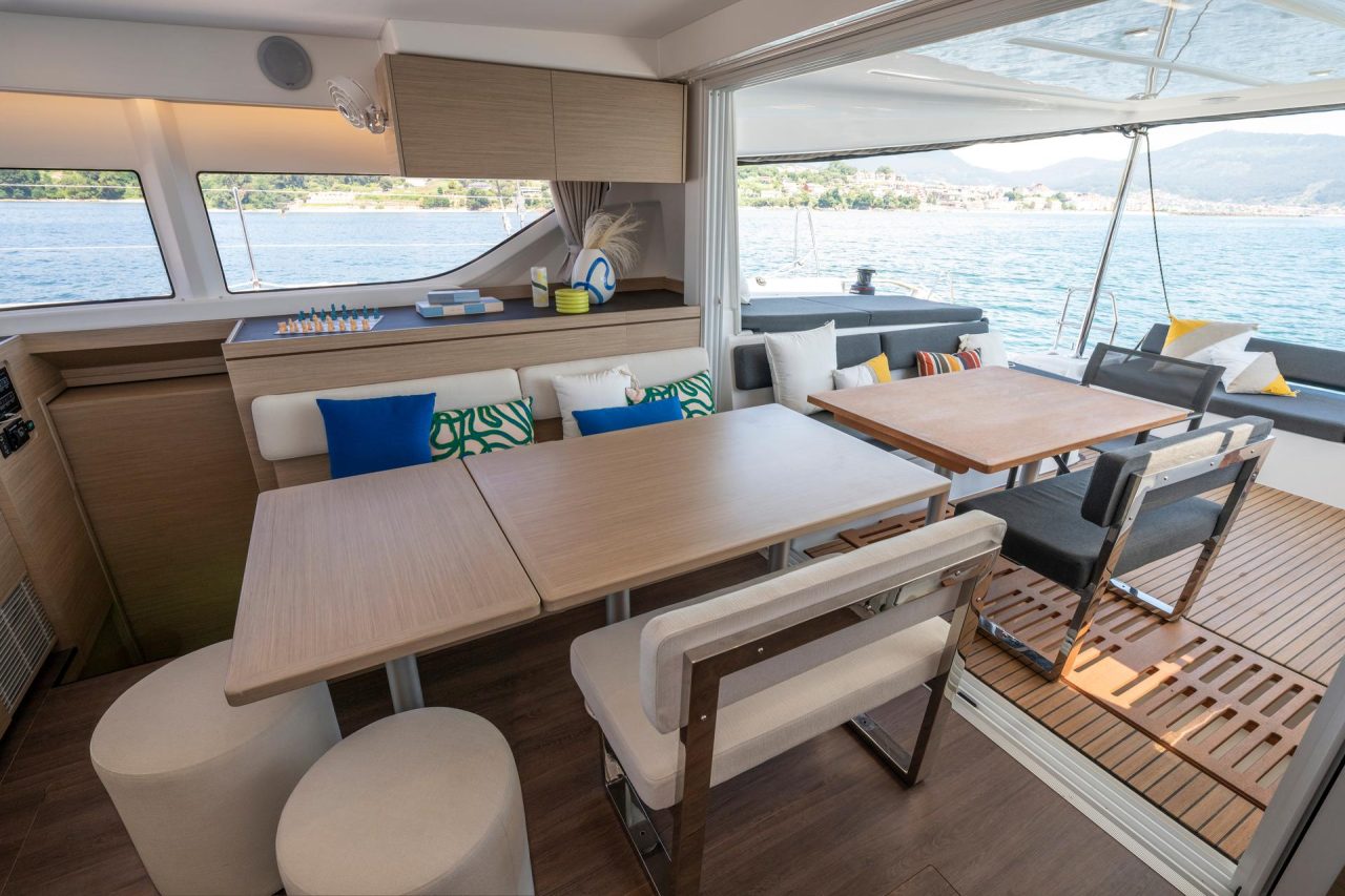 Lagoon-43-salon3 Warm and spacious salon of the Lagoon 43 sailing catamaran Lagoon-43-kitchen Smart and fully equiped kitchen aboard the Lagoon 43 sailing catamaran Lagoon-43-cabin Interior picture of a Lagoon 43 cabin Lagoon-43-cabin2 Interior picture of a Lagoon 43 cabin Lagoon-43-exterior-layout Exterior layout of the Lagoon 43 sailing catamaran