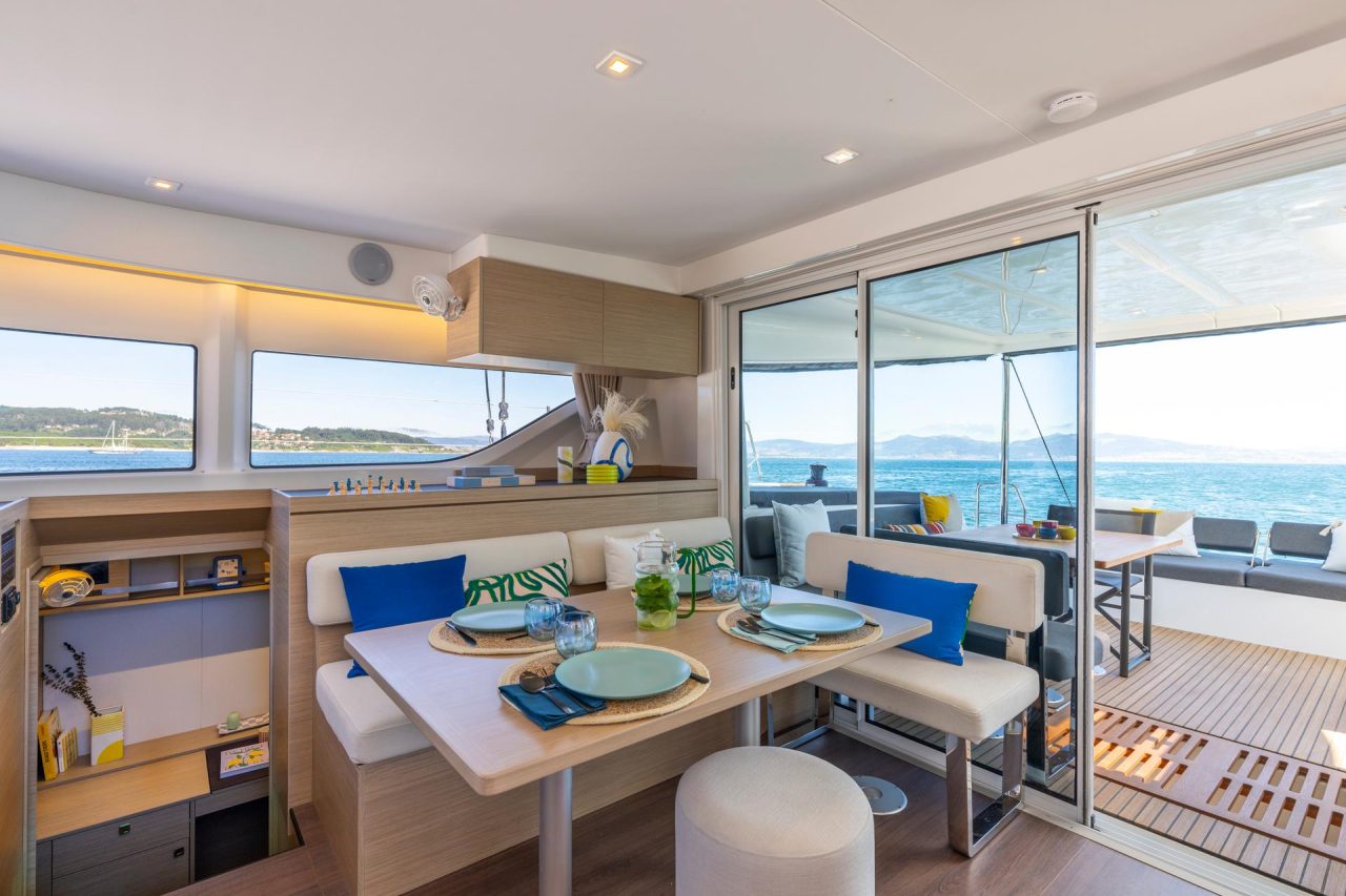 Warm and spacious salon of the Lagoon 43 sailing catamaran