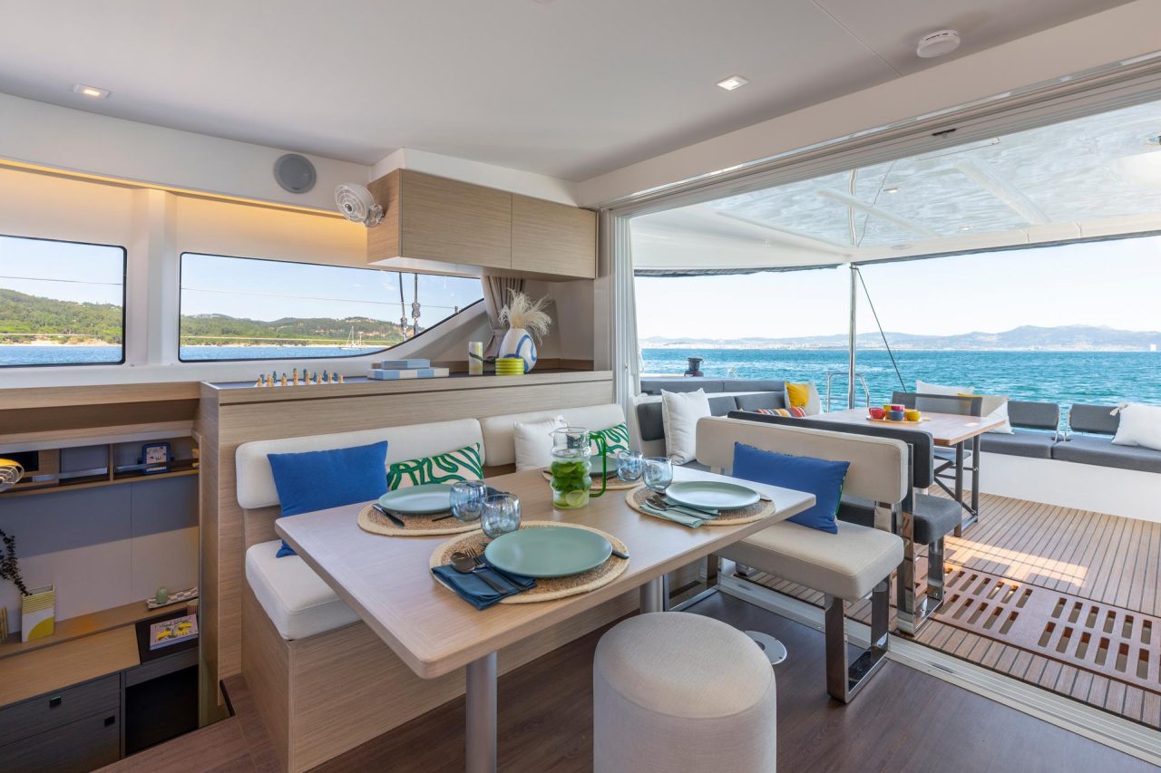Warm and spacious salon of the Lagoon 43 sailing catamaran