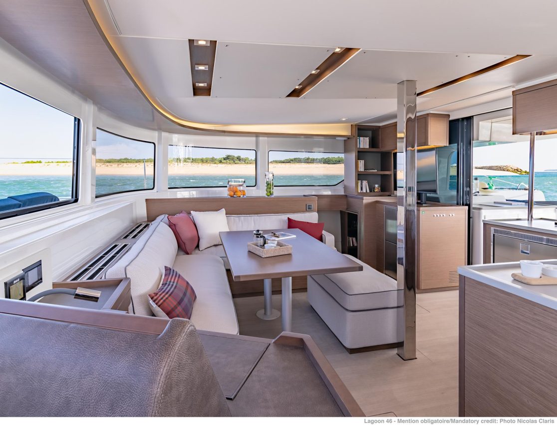 Cozy and inviting salon of the Lagoon 46 sailing catamaran