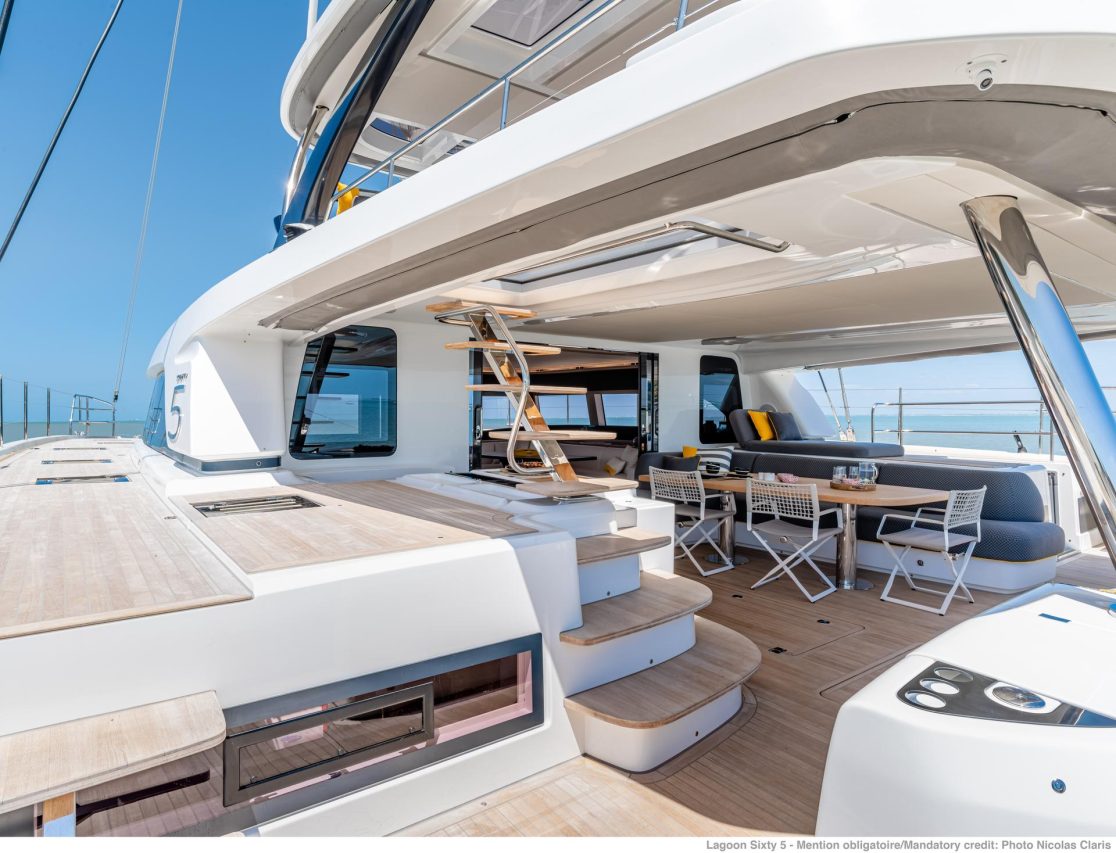 Intimist and inviting cockpit of the Lagoon Sixty 5 sailing catamaran