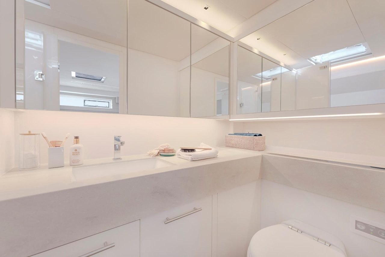 Interior picture of a bathroom aboard the Lagoon Sixty 5 sailing catamaran