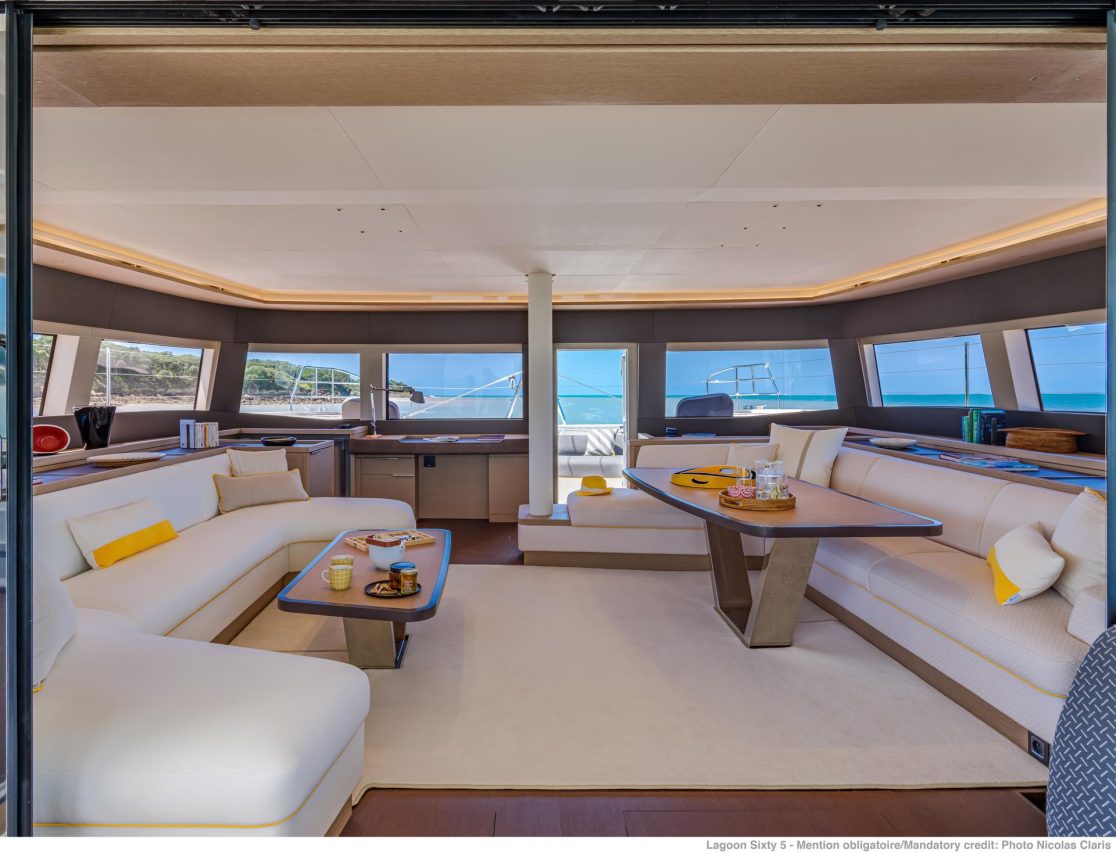 Luxurious and spacious salon of the Lagoon Sixty 5 sailing catamaran