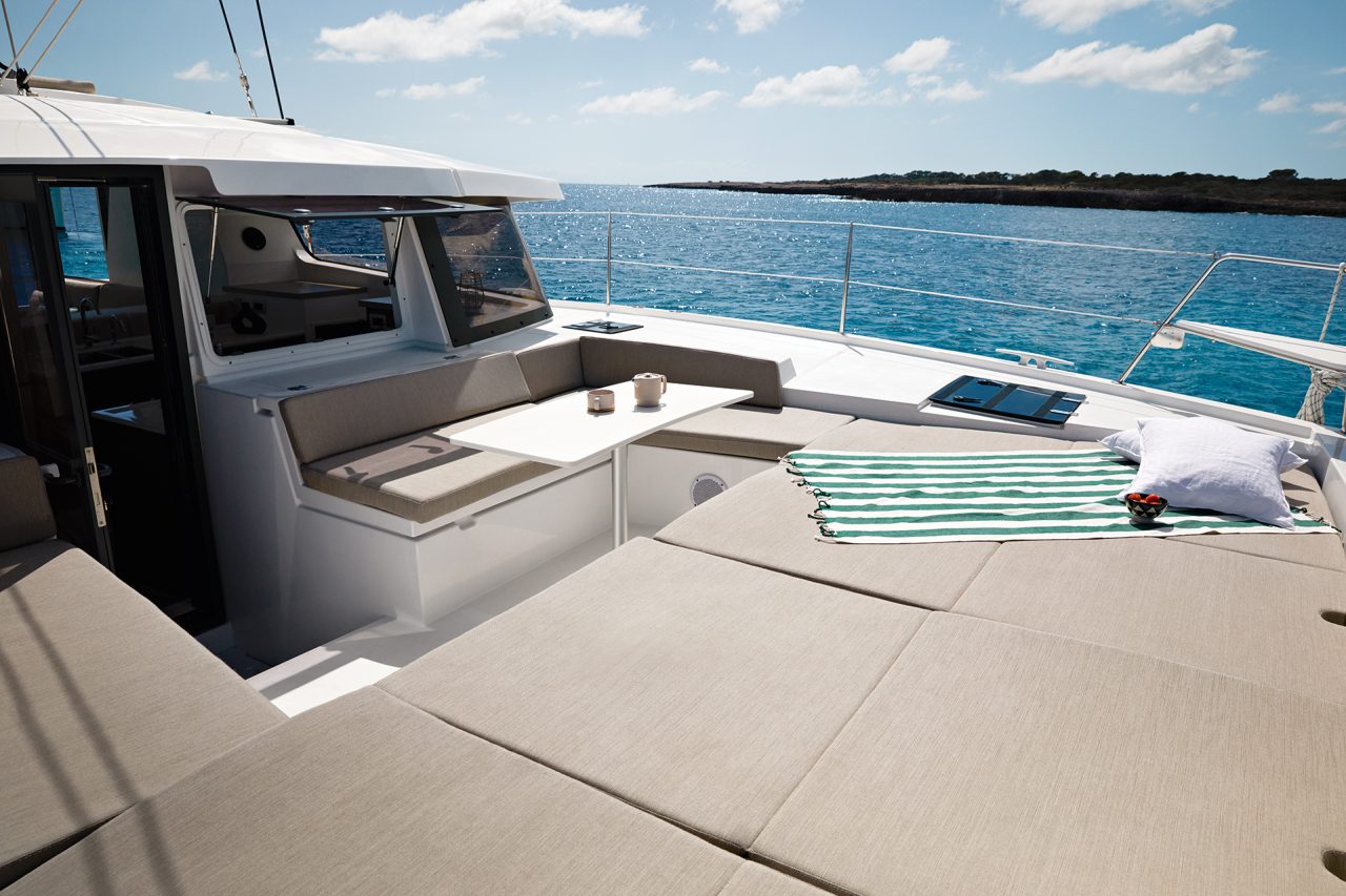 Relaxing foredeck of the Bali 4.2 sailing catamaran