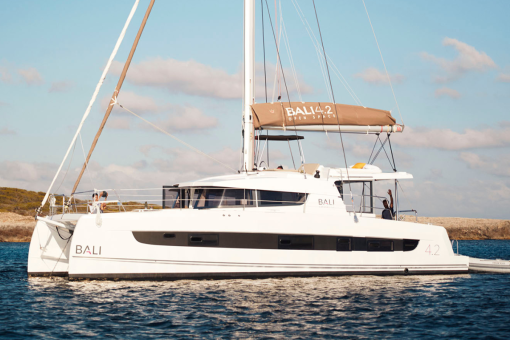 The Bali 4.2 sailing catamaran, while underway