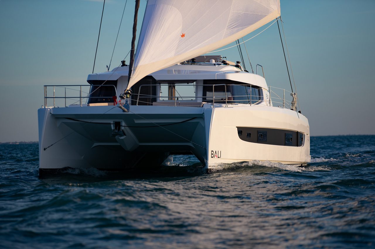Front view of the Bali 4.4 sailing in a deep blue sea