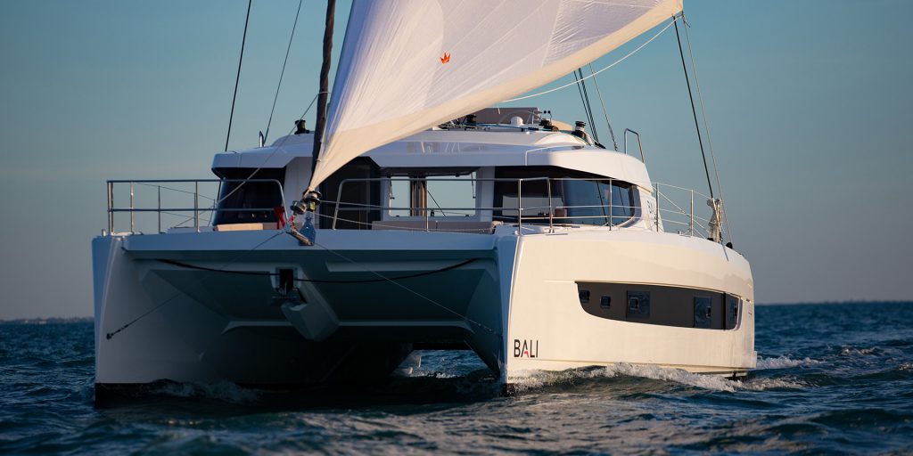 Front view of the Bali 4.4 sailing in a deep blue sea