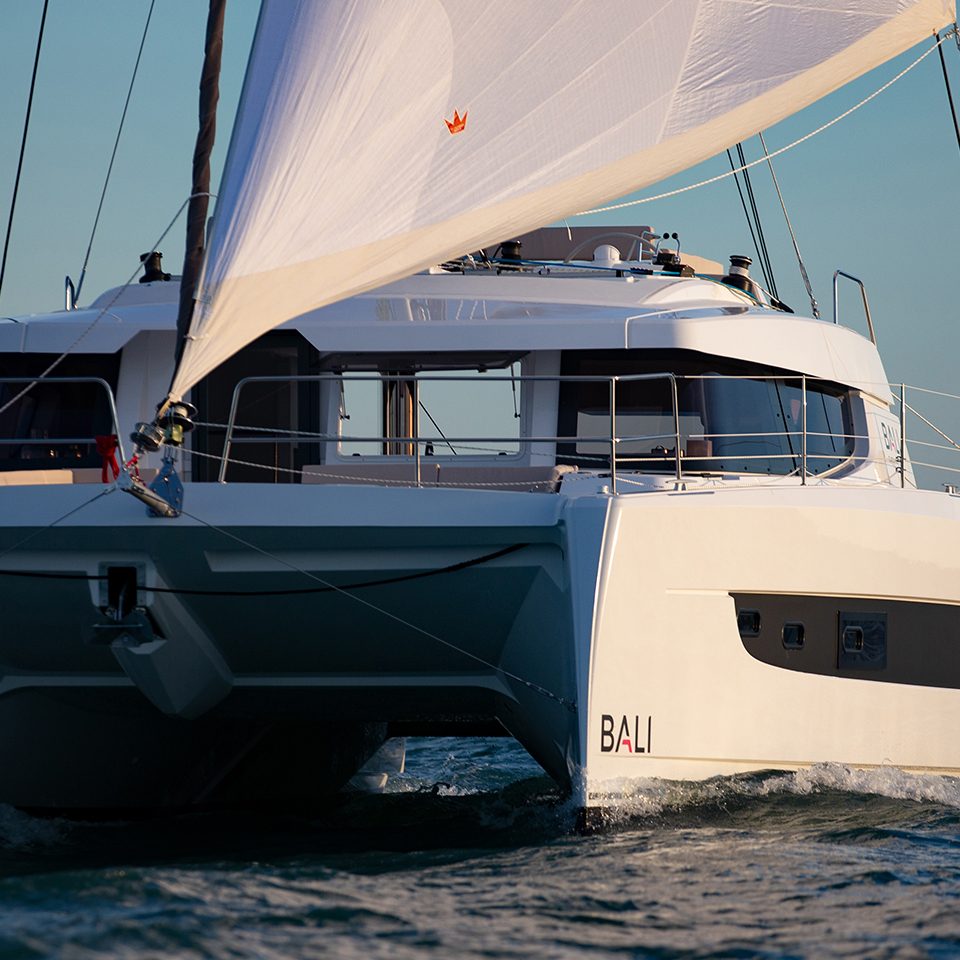 Front view of the Bali 4.4 sailing in a deep blue sea