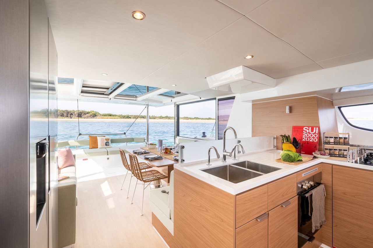 Luminous and fully equiped galley aboard the Bali 4.6 sailing catamaran