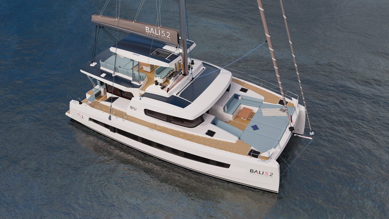 Aerial view of the Bali 5.2 sailing catamaran at anchor
