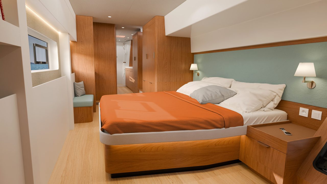 Interior picture of a cabin aboard the Bali 5.2 sailing catamaran