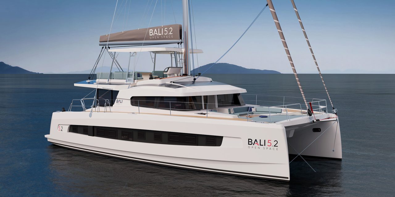 Front view of the Bali 5.2 sailing catamaran at anchor