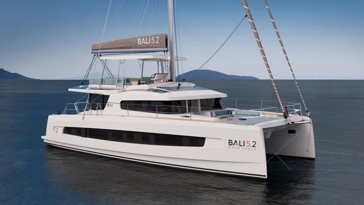Front view of the Bali 5.2 sailing catamaran at anchor
