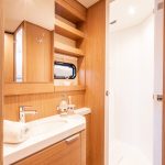 Smart and convenient bathroom aboard the Bali 5.4 sailing catamaran