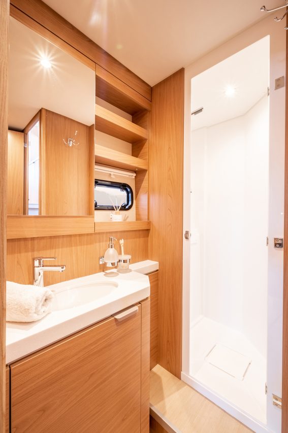 Smart and convenient bathroom aboard the Bali 5.4 sailing catamaran