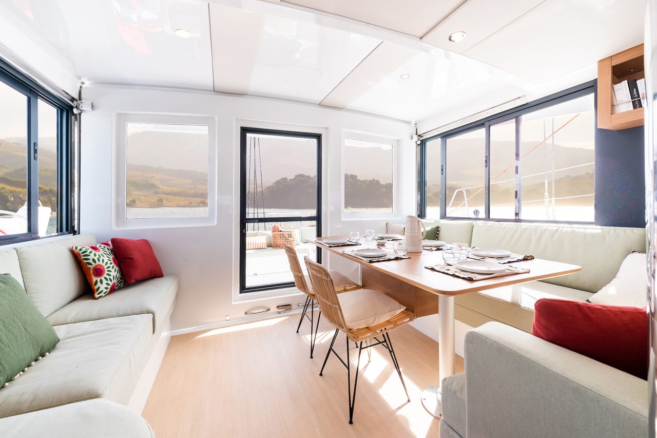 Cozy and luminous salon of the Bali Catspace sailing catamaran