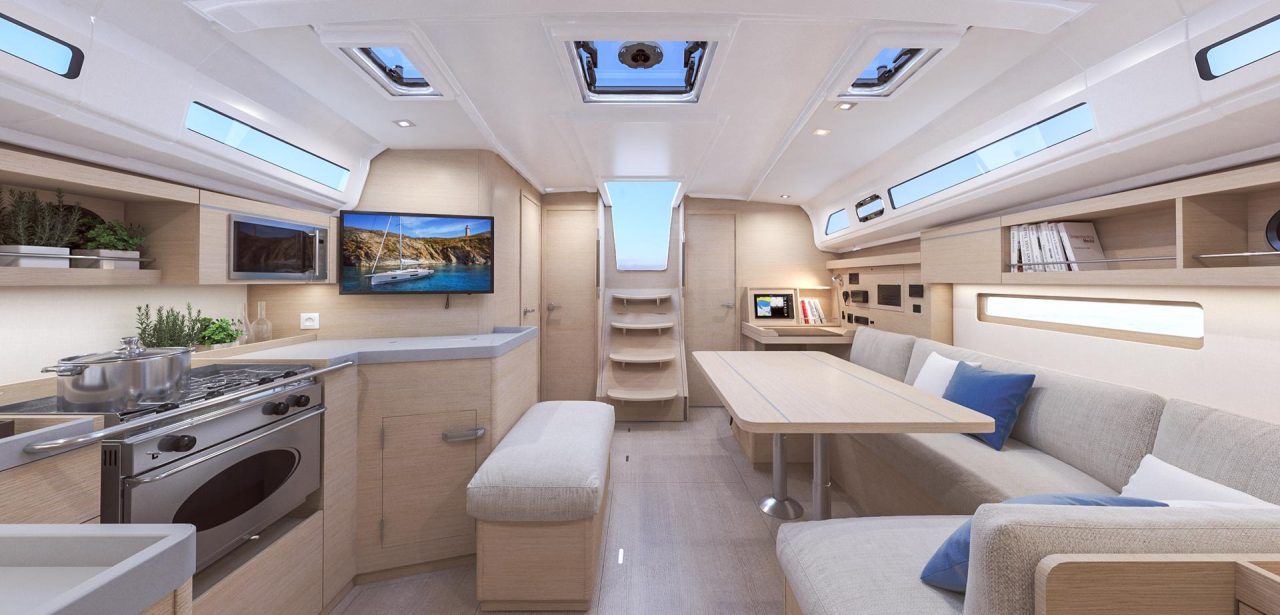 Interior view of the spacious and luminous main deck of the Oceanis 40.1