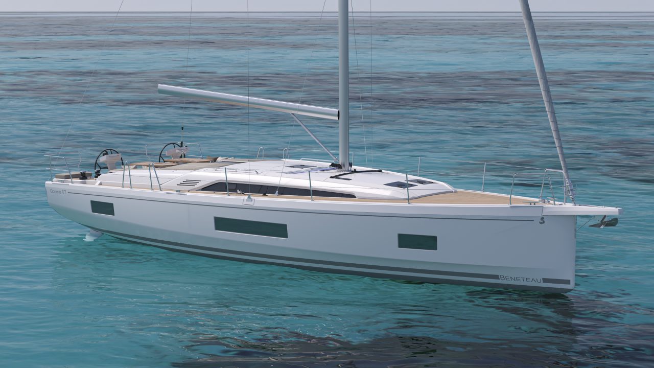 Side view of the Beneteau Oceanis 47 at anchor