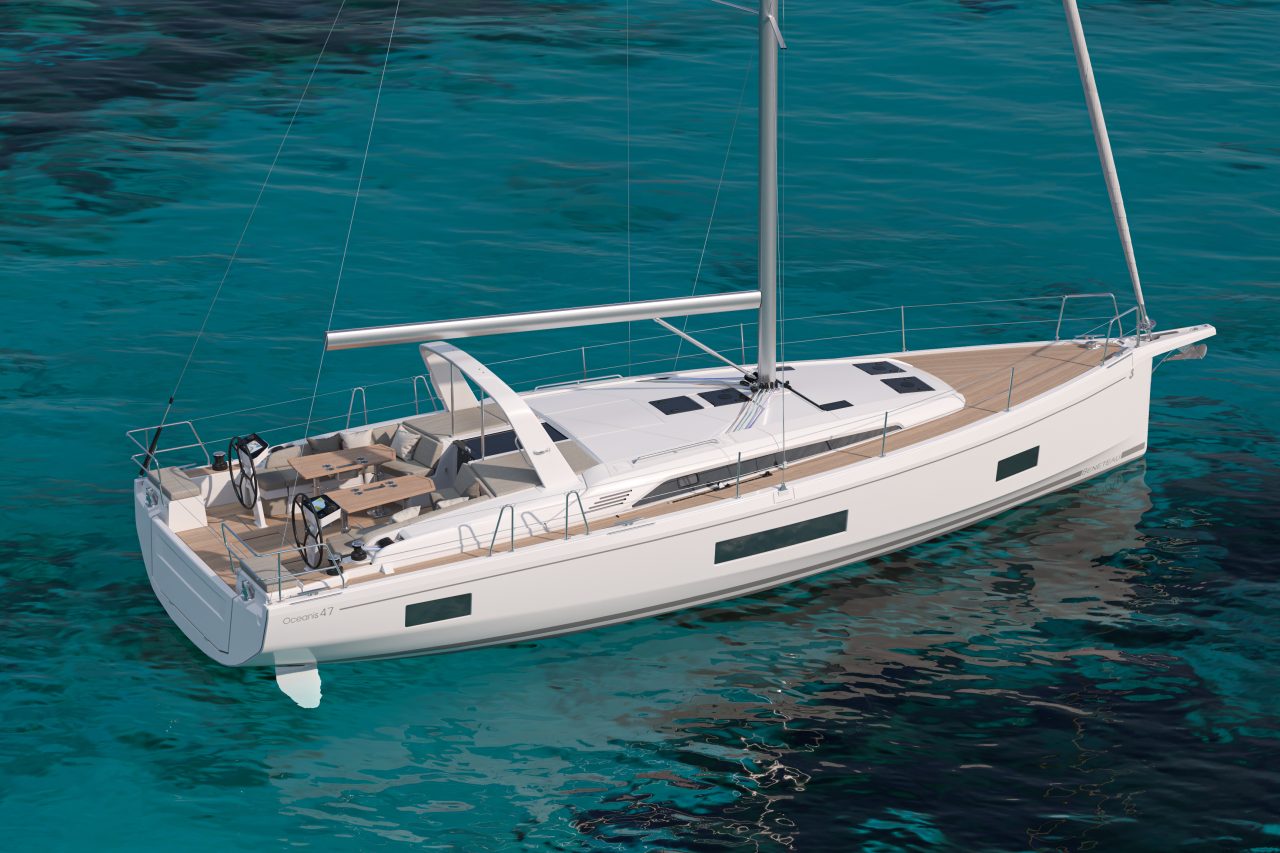Aerial view of the Beneteau Oceanis 47 at anchor