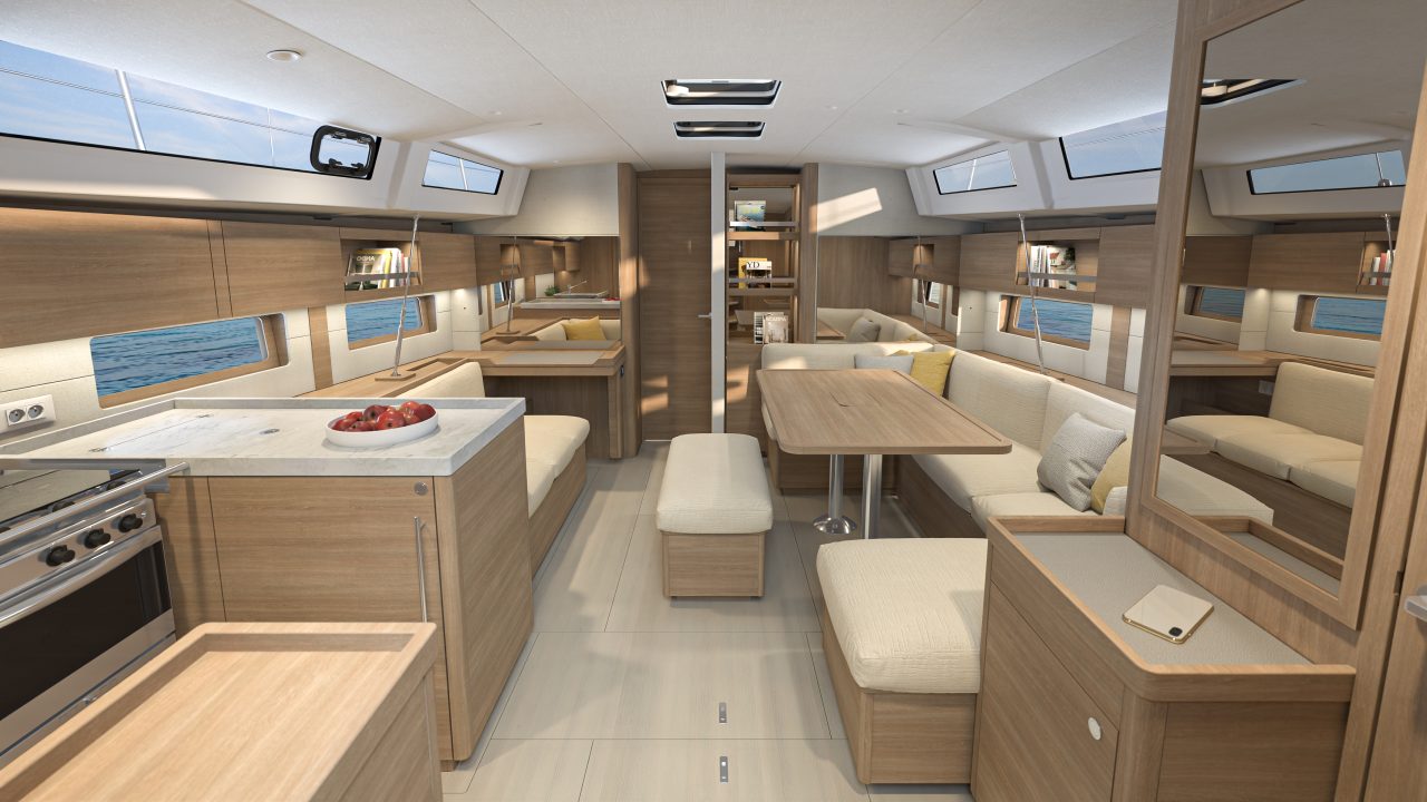 Through view of the Beneteau Oceanis 47 interior with the galley and the salon