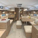 Through view of the Beneteau Oceanis 47 interior with the galley and the salon