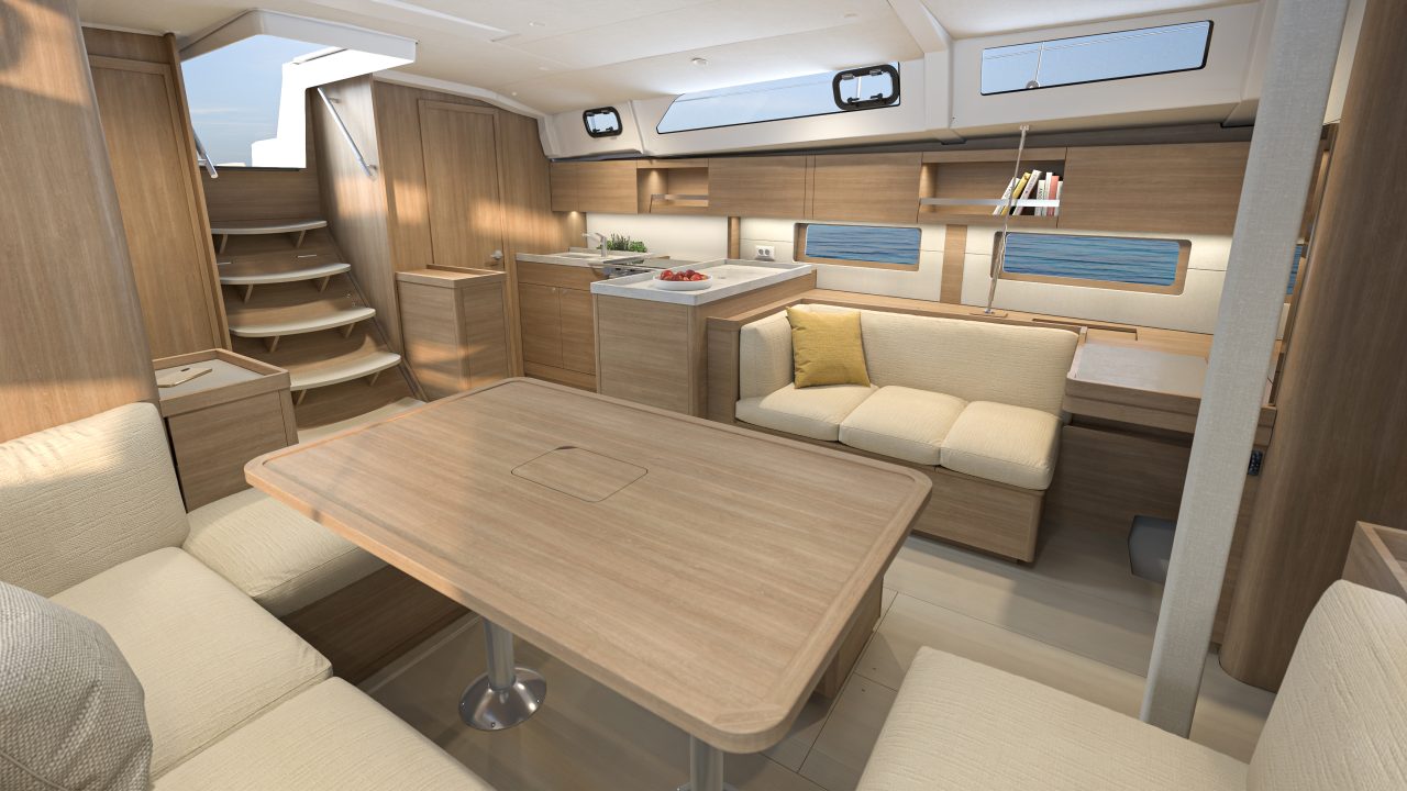 Comfy saloon aboard the Beneteau Oceanis 47 sailing monohull