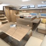 Through view of the Beneteau Oceanis 52 interior with the galley and the salon