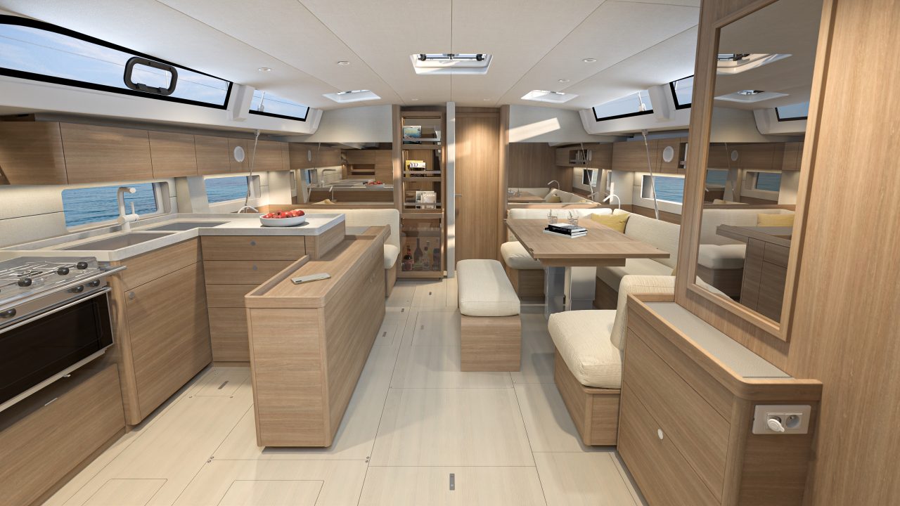 Through view of the Beneteau Oceanis 52 interior with the galley and the salon