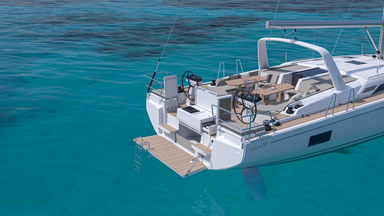 Beneteau Oceanis 52 at anchor with the swimming deck deployed