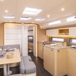 Through view of the Dufour 41 interior with the saloon and the galley
