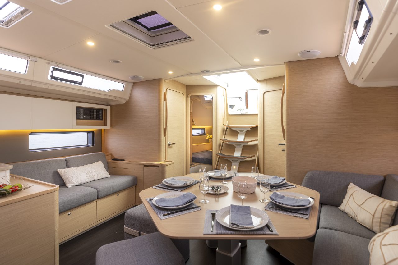 Spacious and luminous saloon of the Dufour 44 sailing monohull