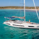 Frauen sonnen sich auf dem Vordeck des Dufour 48 Einrumpfbootes vor Anker