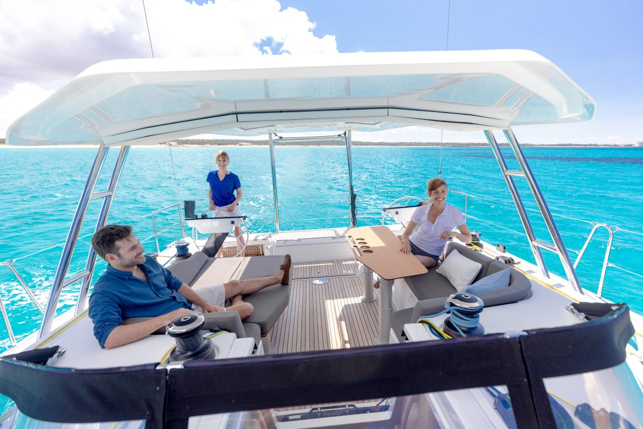 Guest enjoying the view from the cockpit of the Dufour 48 sailing monohull