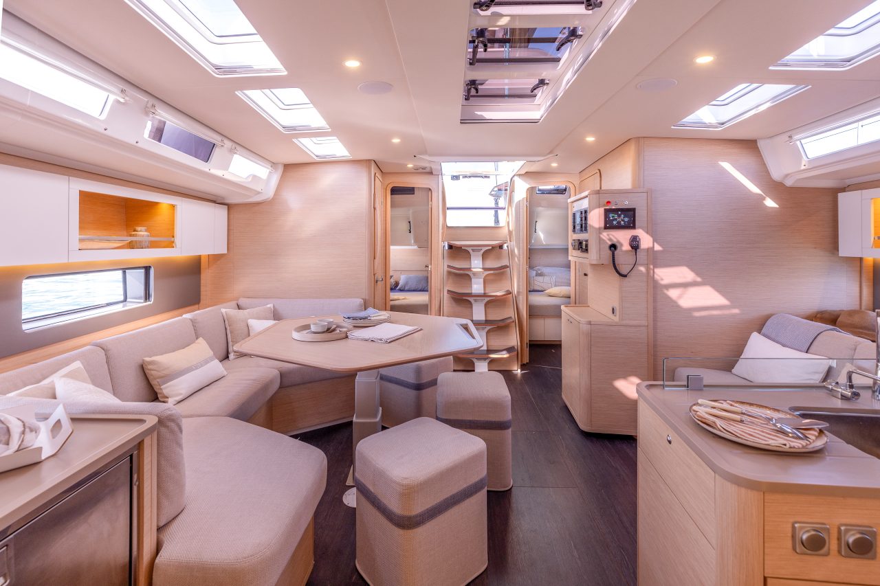 Comfortable and inviting saloon aboard the Dufour 48 sailing monohull