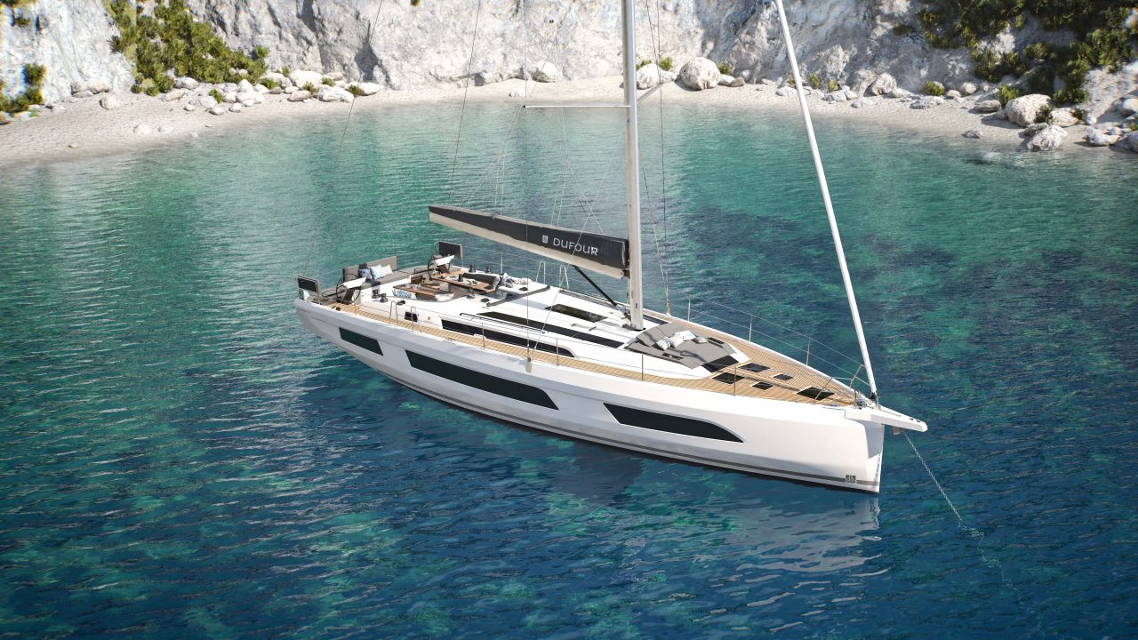 Aerial view of the Dufour 54 sailing monohull at anchor