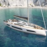Aerial view of the Dufour 54 sailing monohull at anchor
