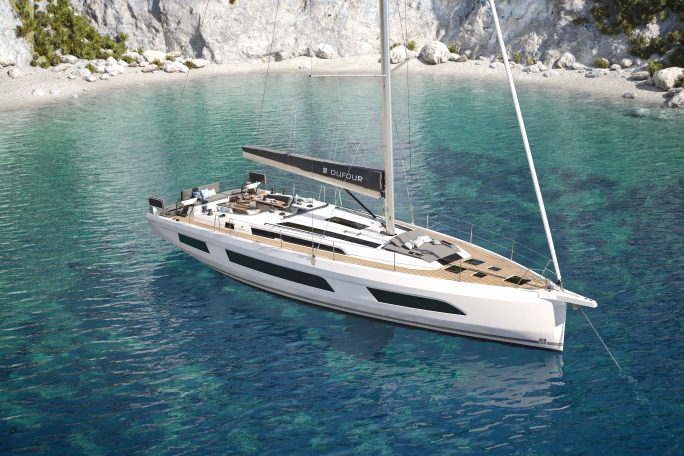 Aerial view of the Dufour 54 sailing monohull at anchor
