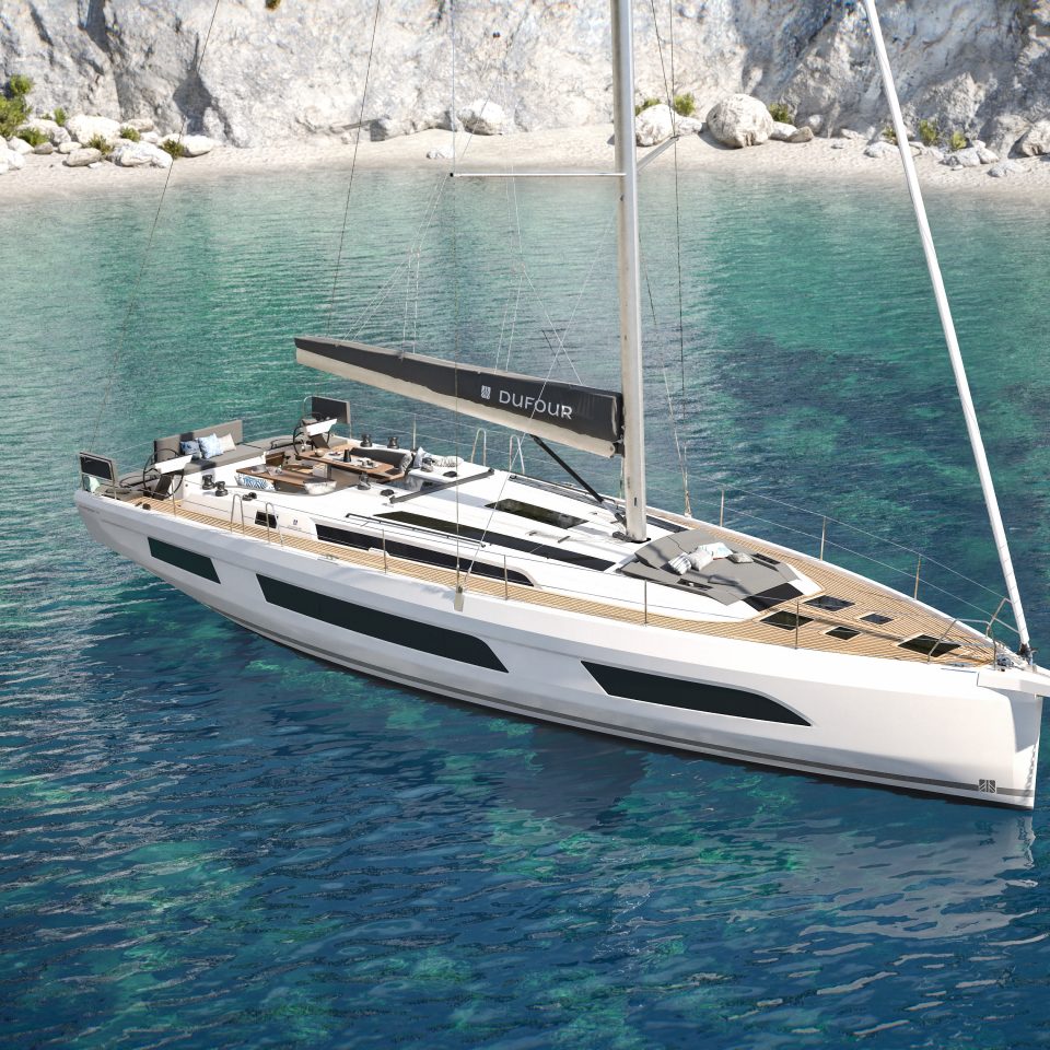Aerial view of the Dufour 54 sailing monohull at anchor