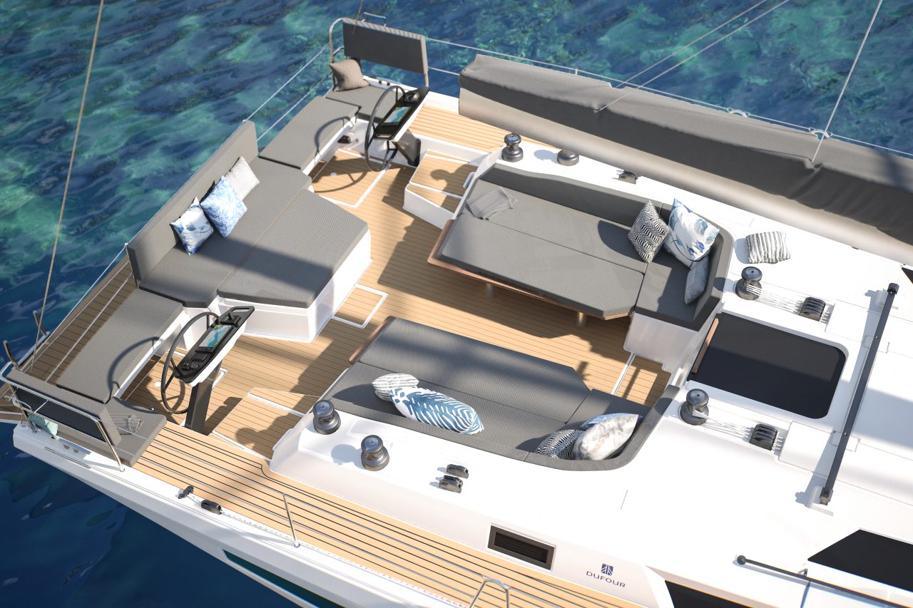 Aerial view of the spacious and comfortable cockpit of the Dufour 54 sailing monohull