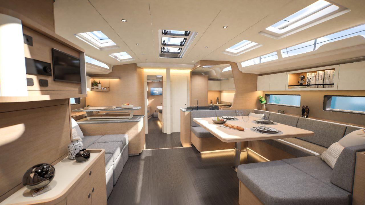 Through view of the Dufour 54 main deck interior