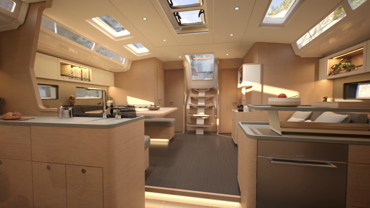 Through view of the Dufour 54 main deck interior