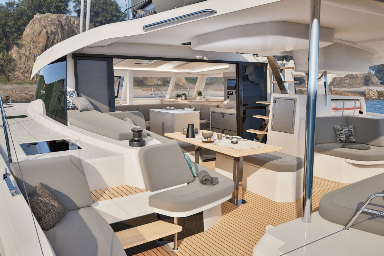 Spacious cockpit of the Fountaine Pajot NEW 44 sailing catamaran