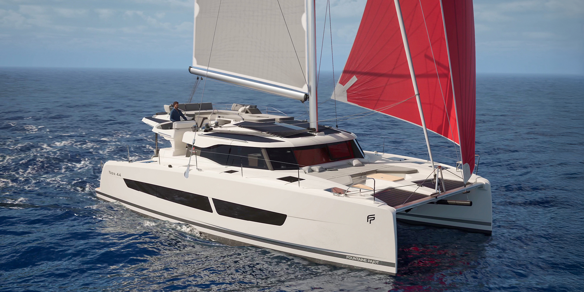 Fountaine Pajot NEW 44 sailing with a man at the helm