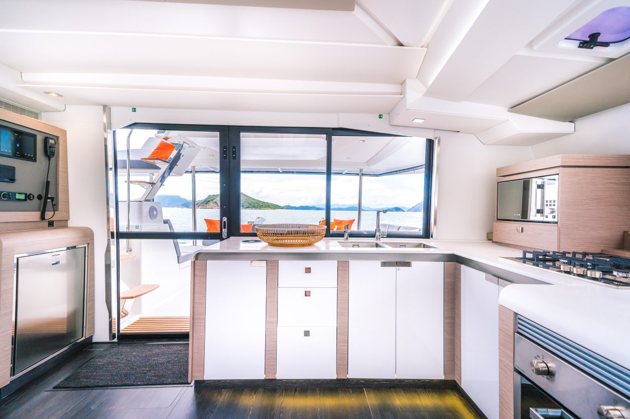 Through view of the interior of the Fountaine Pajot Tanna 47 sailing catamaran