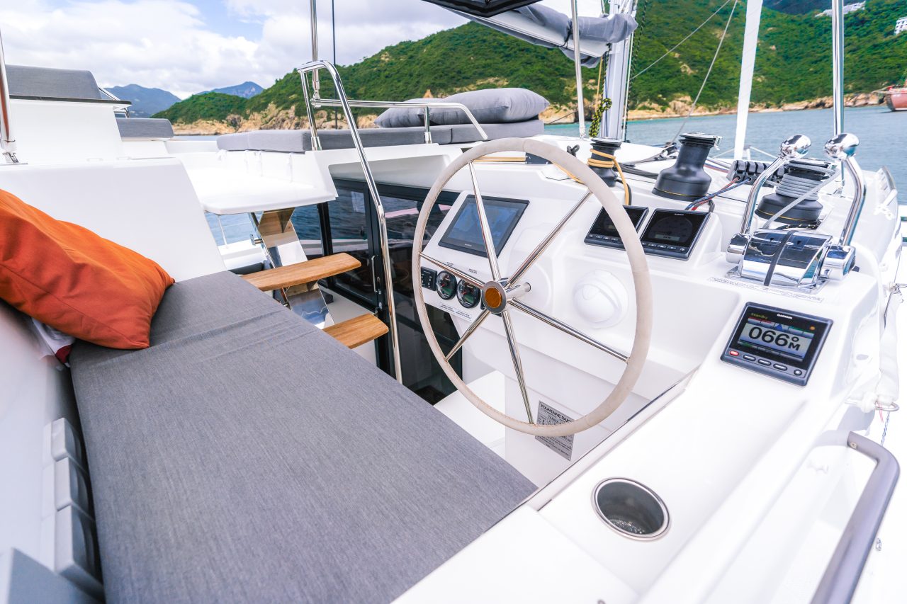 Helm station aboard the Fountaine Pajot Tanna 47 sailing catamaran