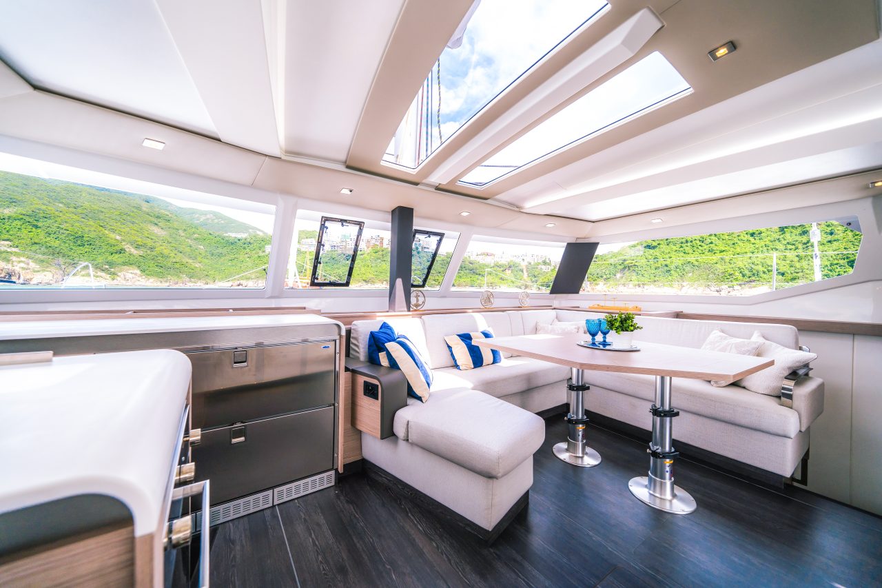 Comfortable salon of the Fountaine Pajot Tanna 47 sailing catamaran