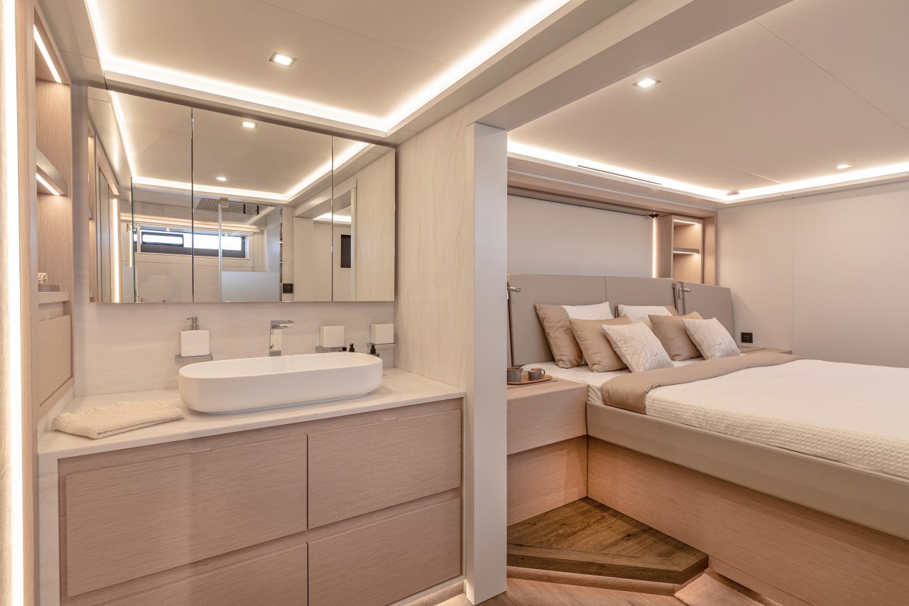 Luxurious suite of the Fountaine Pajot Thira 80 sailing catamaran