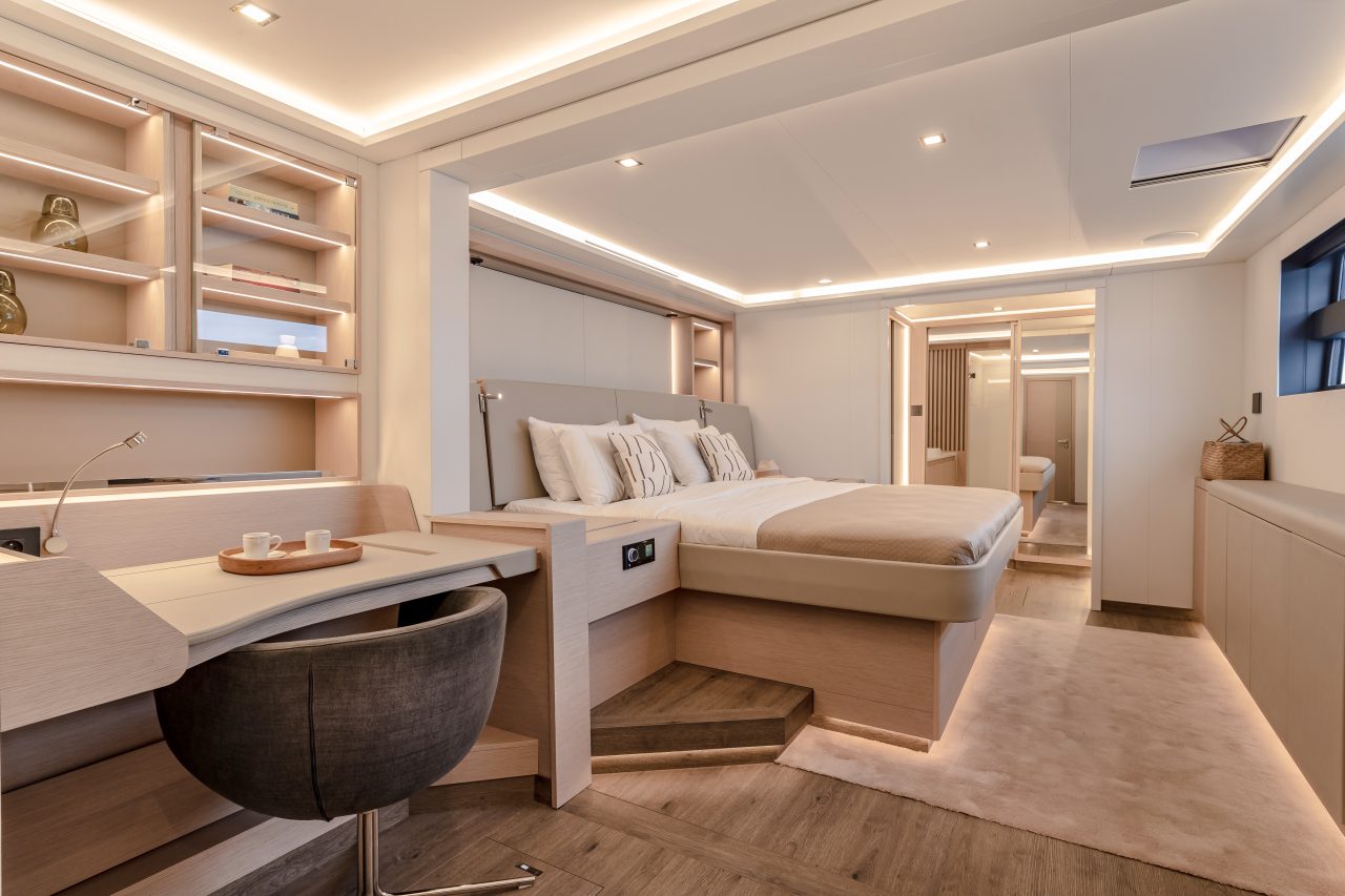 Luxurious suite of the Fountaine Pajot Thira 80 sailing catamaran