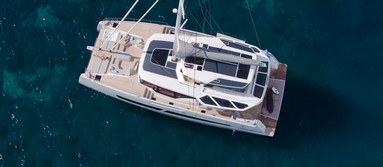 Aerial top view of the Fountaine Pajot Thira 80 at anchor