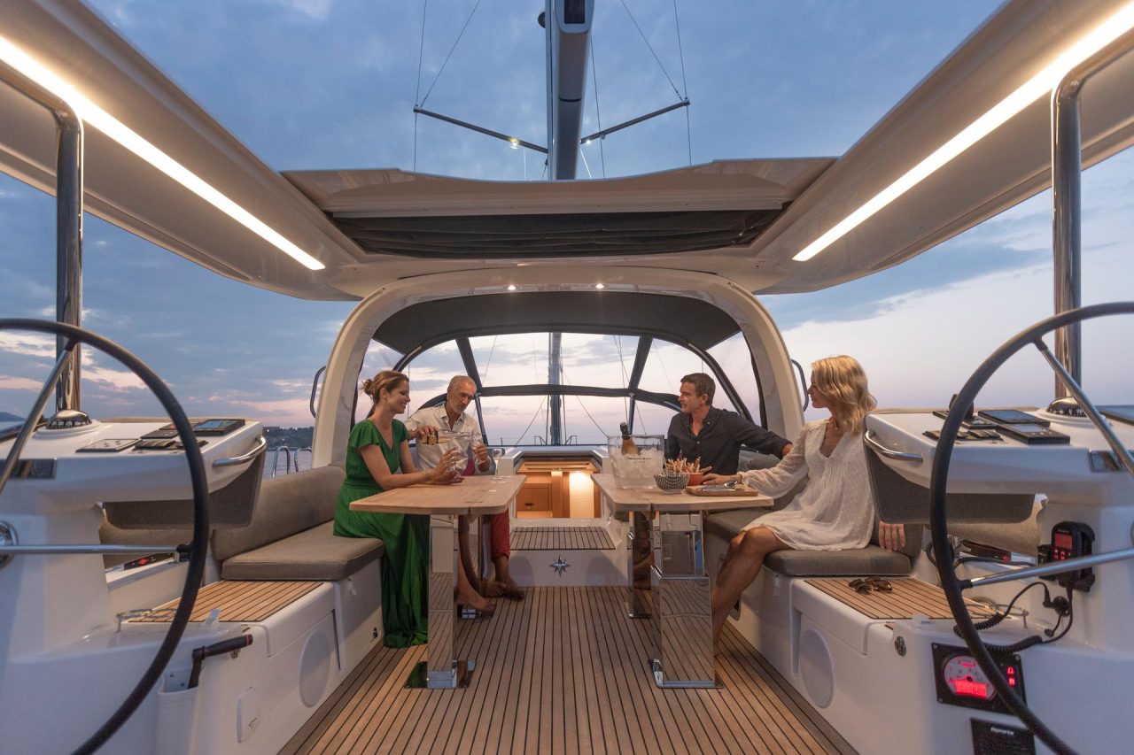 Through view of the spacious cockpit of the Jeanneau Yacht 60 sailing catamaran